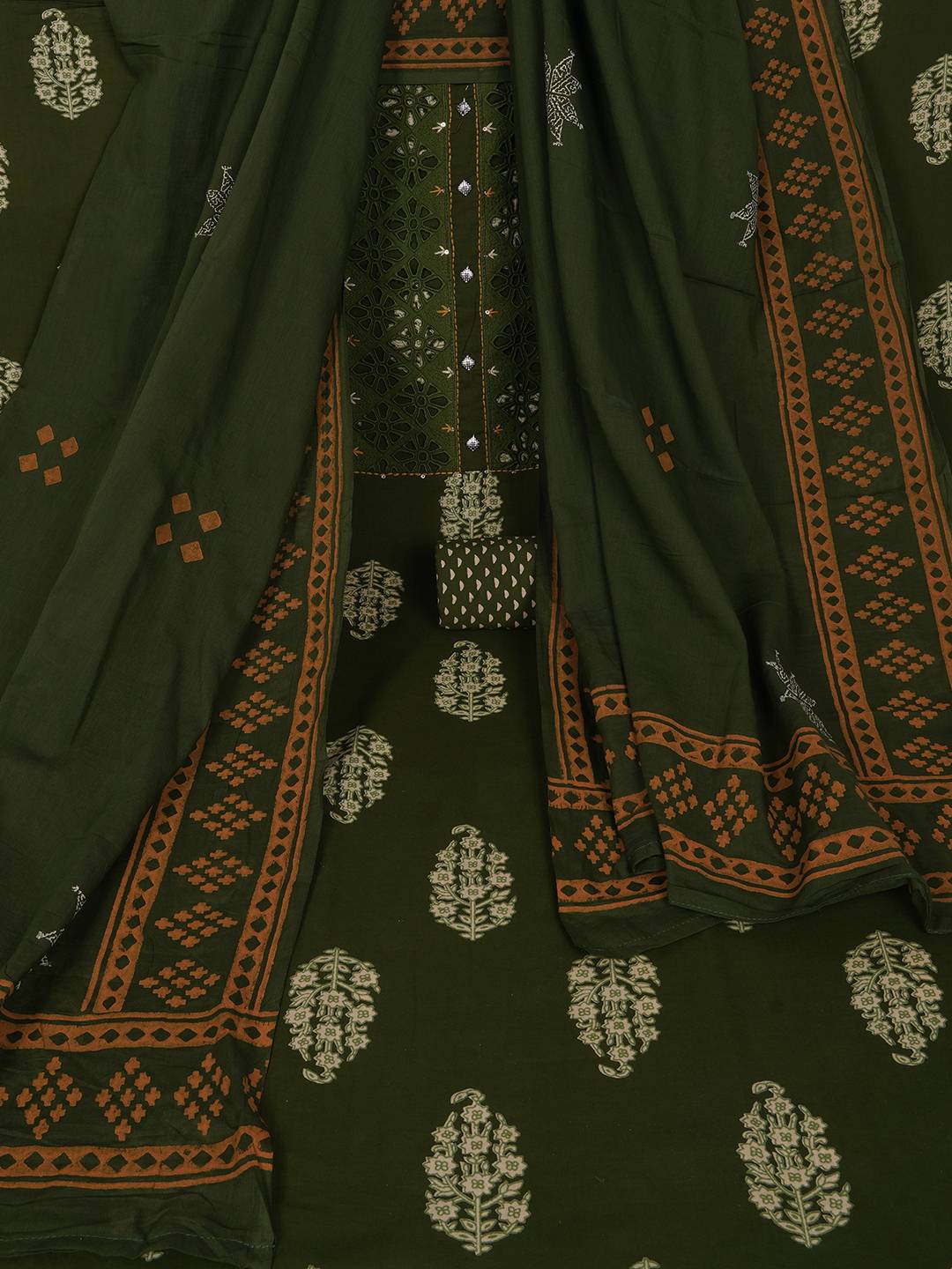 Unstitched Cotton Cutwork Embroidered 3-Piece Suit Set with Printed Bottom and Dupatta.(Green)