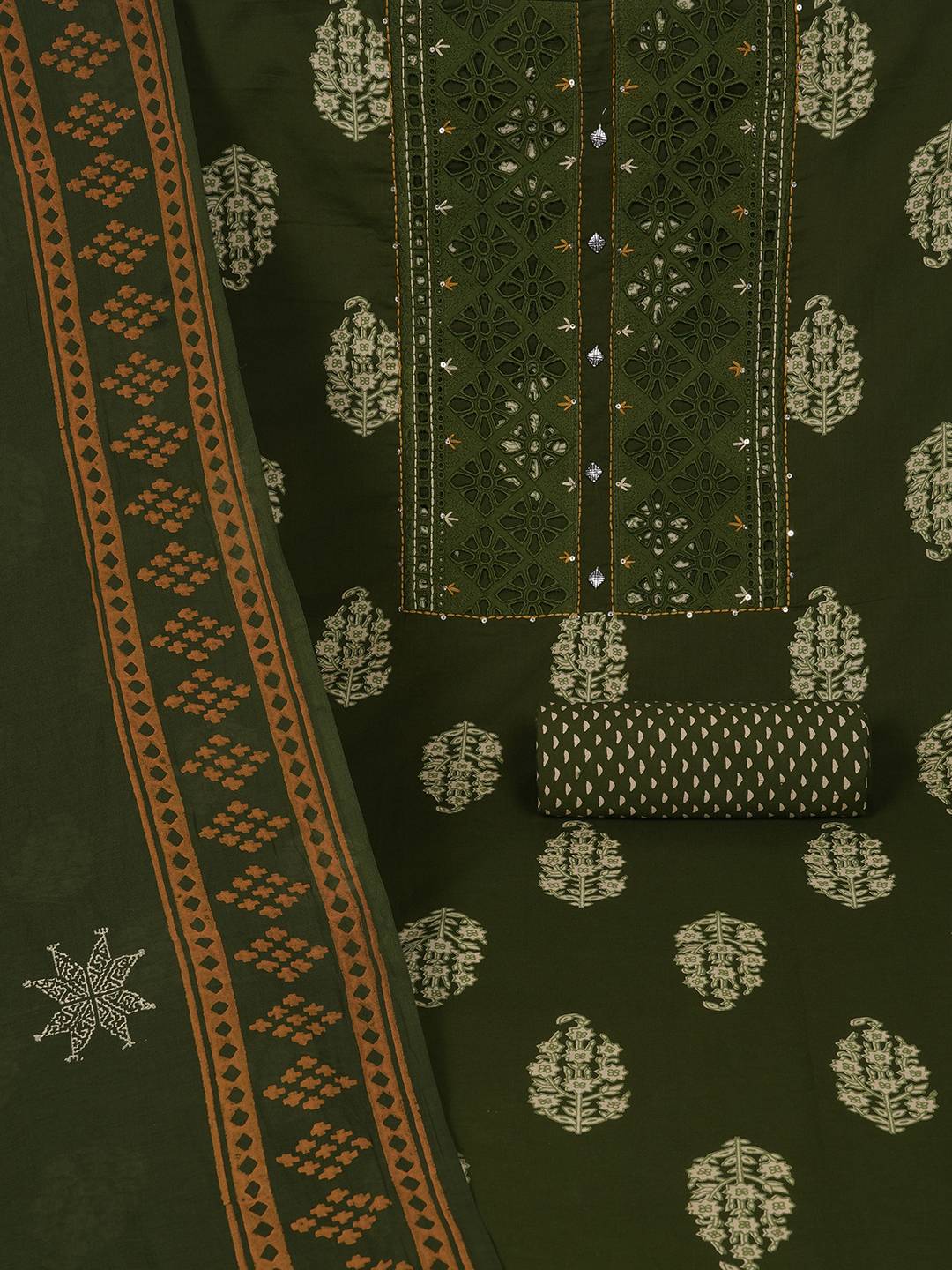 Unstitched Cotton Cutwork Embroidered 3-Piece Suit Set with Printed Bottom and Dupatta.(Green)