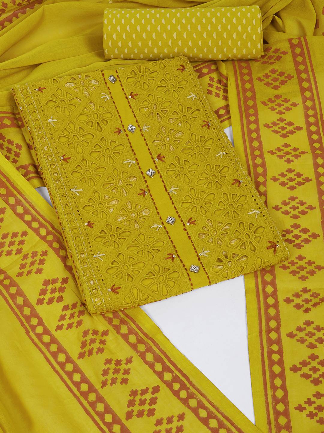 Unstitched Cotton Cutwork Embroidered 3-Piece Suit Set with Printed Bottom and Dupatta.(Yellow)