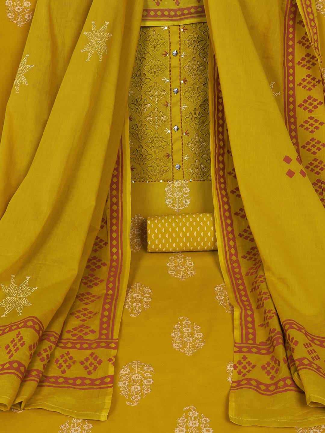 Unstitched Cotton Cutwork Embroidered 3-Piece Suit Set with Printed Bottom and Dupatta.(Yellow)