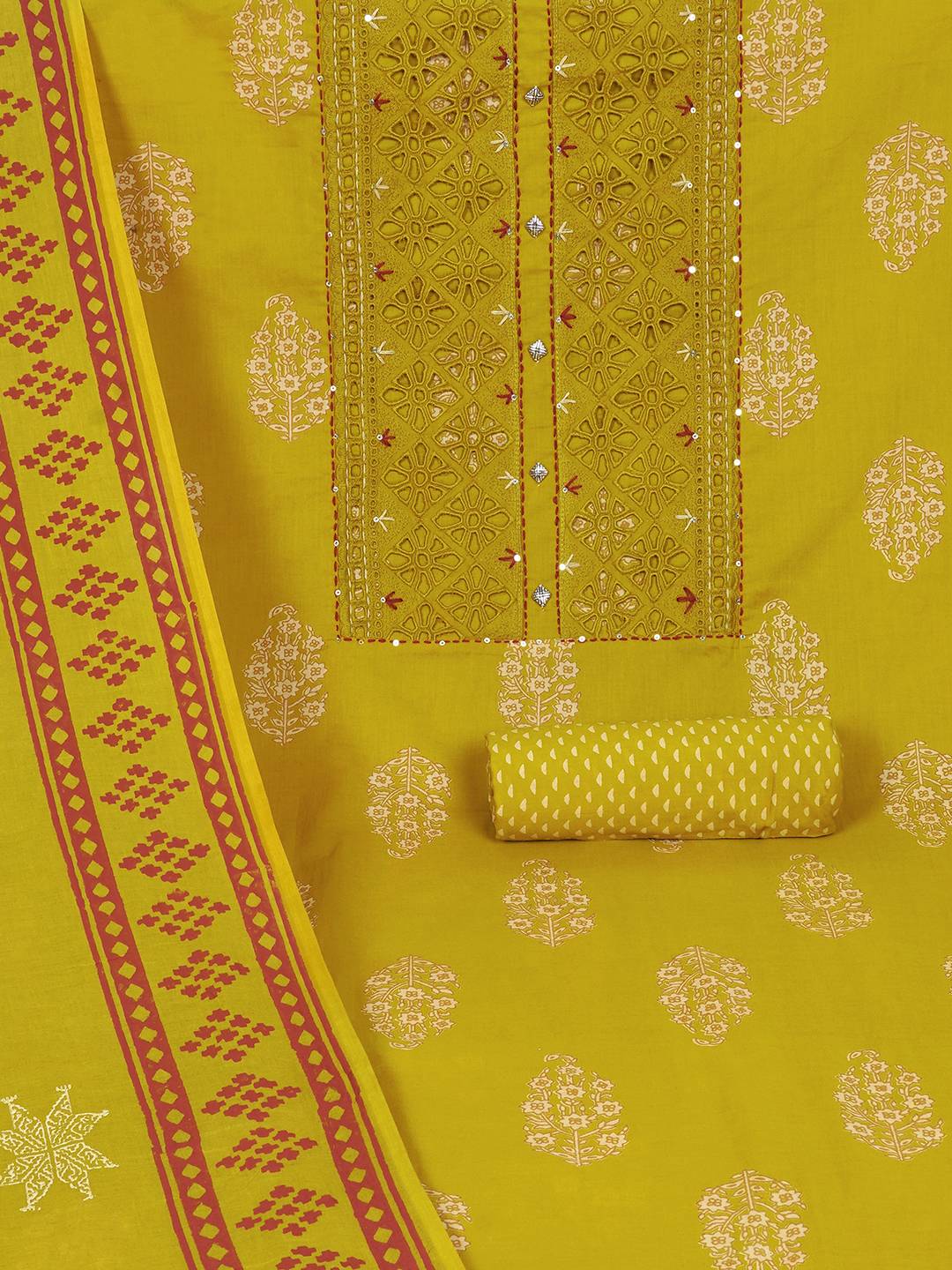 Unstitched Cotton Cutwork Embroidered 3-Piece Suit Set with Printed Bottom and Dupatta.(Yellow)