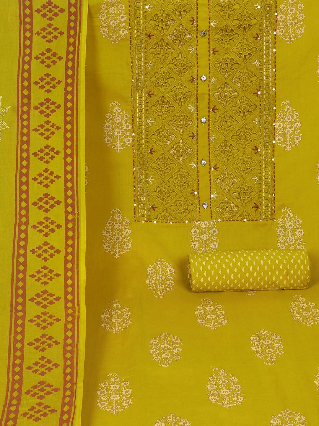 Unstitched Cotton Cutwork Embroidered 3-Piece Suit Set with Printed Bottom and Dupatta.(Yellow)
