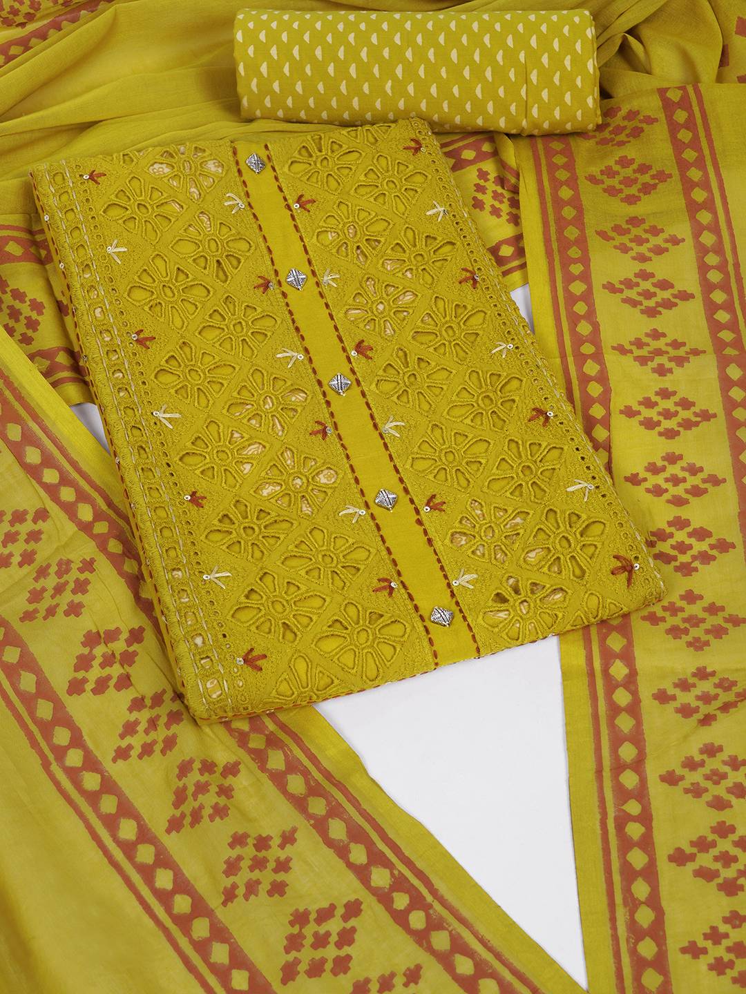 Unstitched Cotton Cutwork Embroidered 3-Piece Suit Set with Printed Bottom and Dupatta.(Yellow)