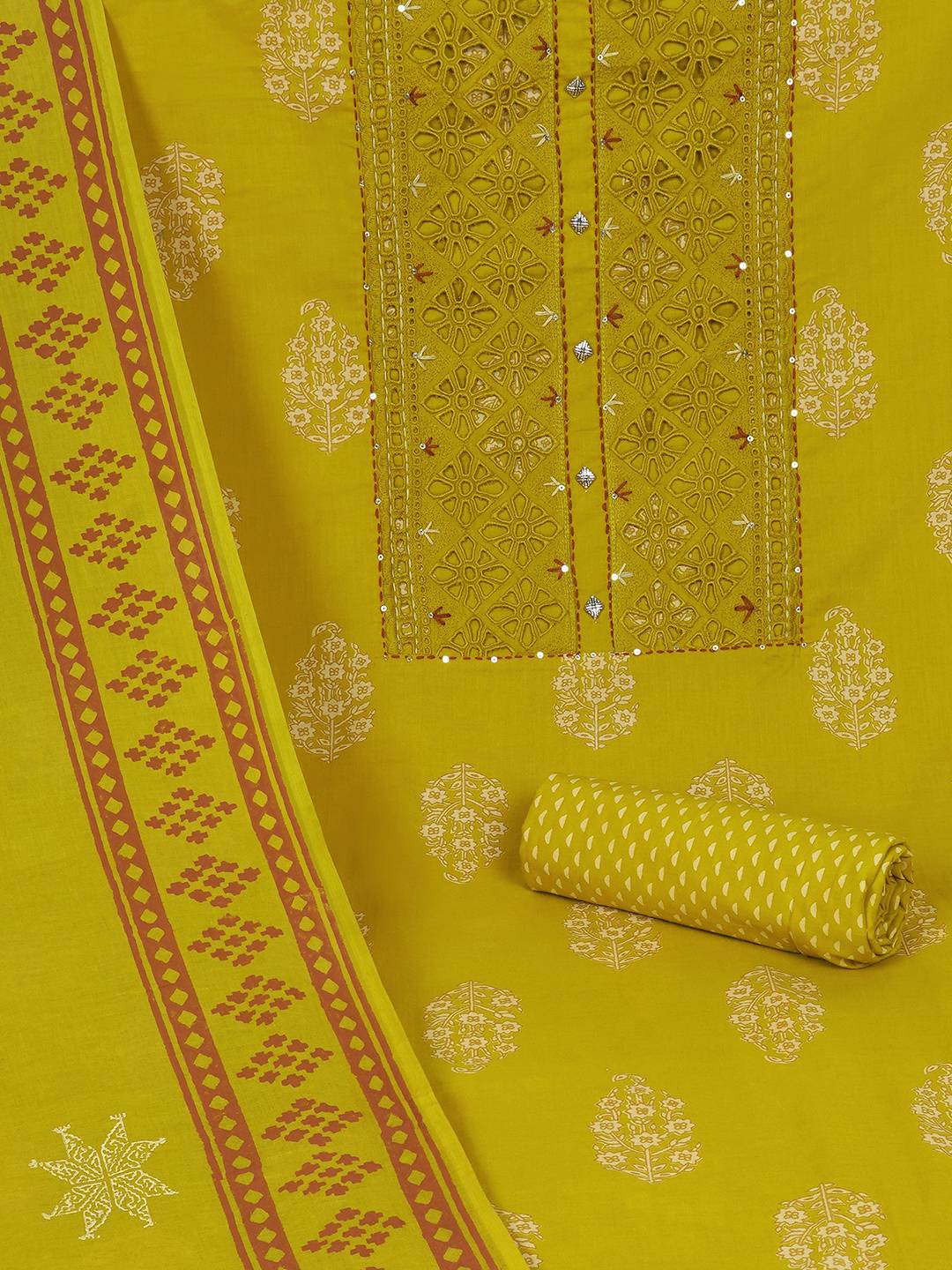 Unstitched Cotton Cutwork Embroidered 3-Piece Suit Set with Printed Bottom and Dupatta.(Yellow)