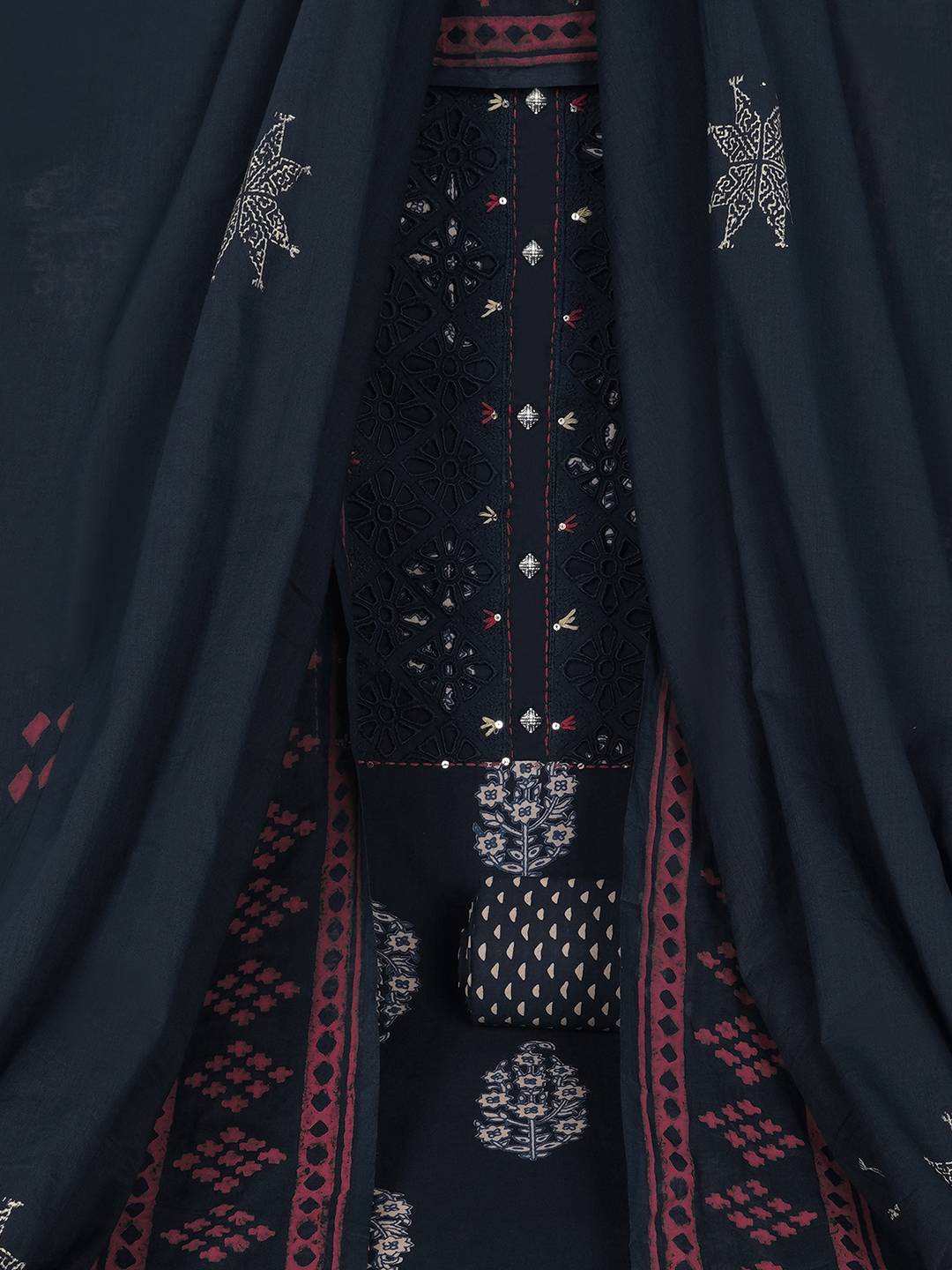 Unstitched Cotton Cutwork Embroidered 3-Piece Suit Set with Printed Bottom and Dupatta.(Navy)