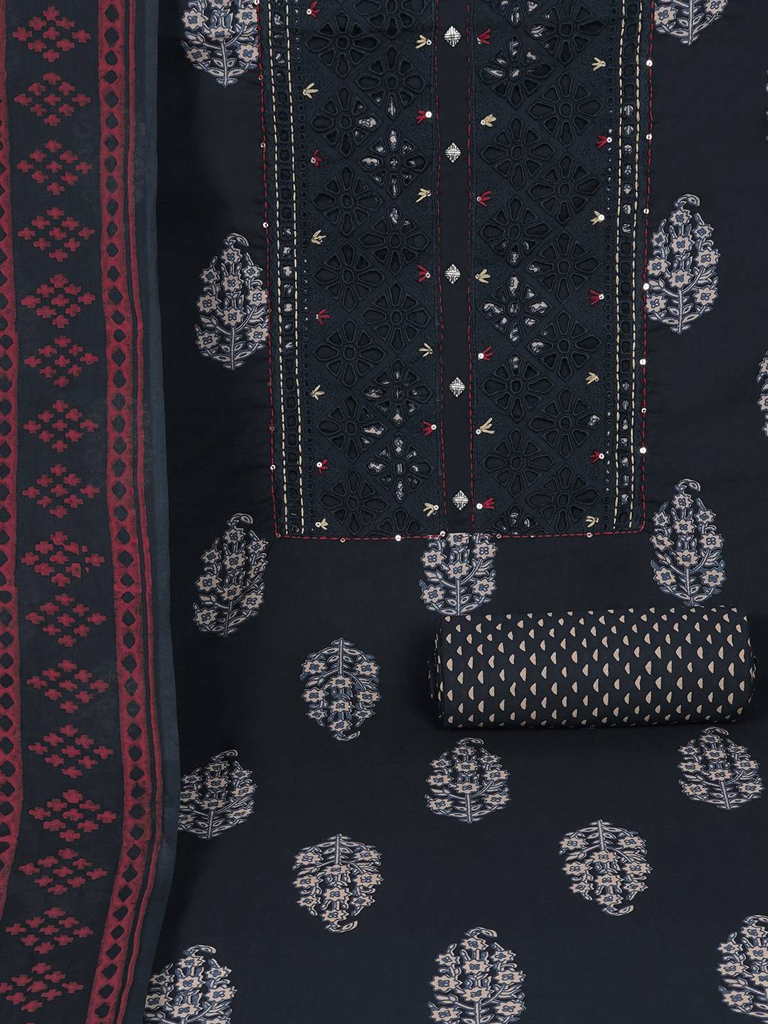 Unstitched Cotton Cutwork Embroidered 3-Piece Suit Set with Printed Bottom and Dupatta.(Navy)