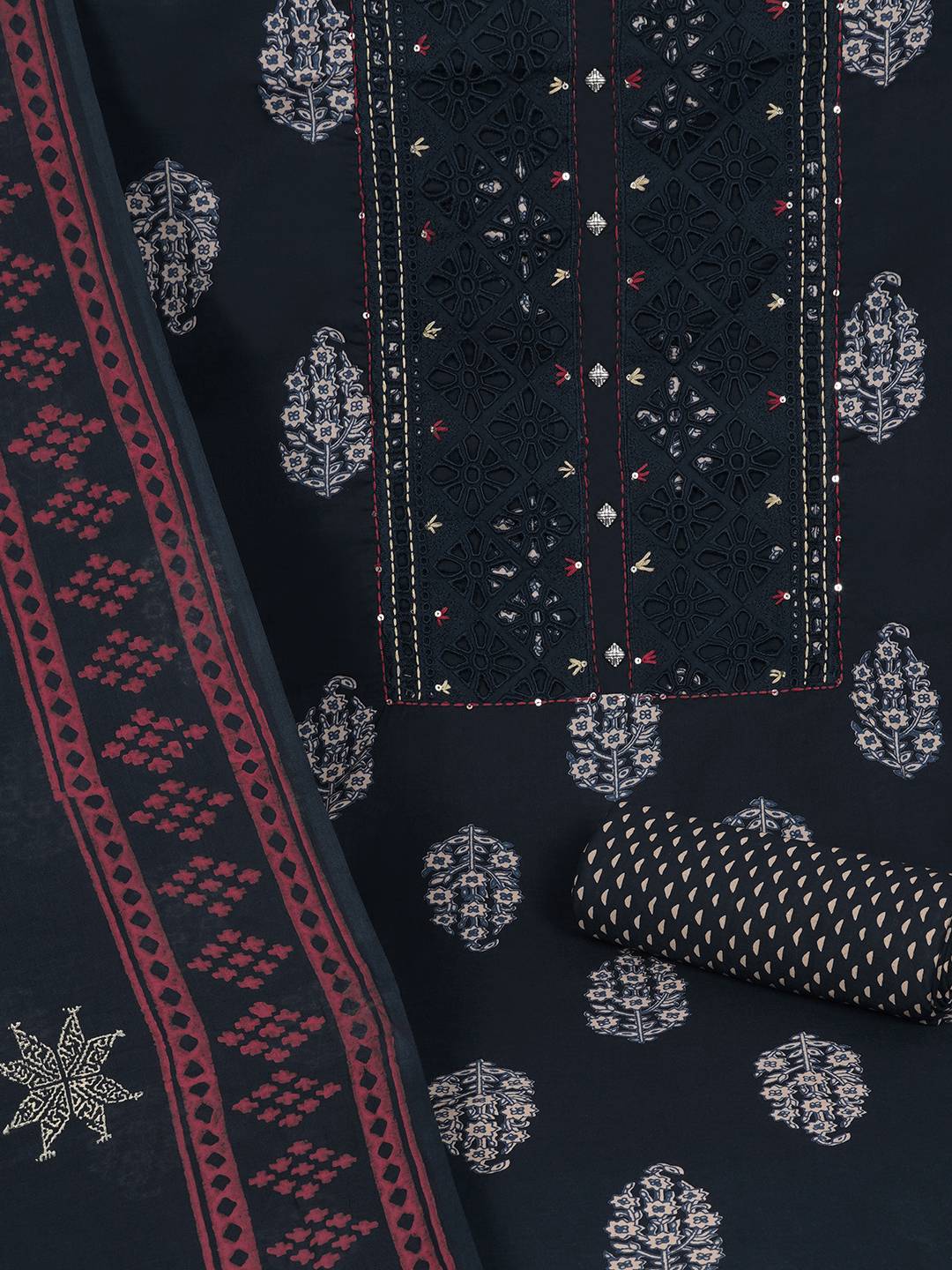 Unstitched Cotton Cutwork Embroidered 3-Piece Suit Set with Printed Bottom and Dupatta.(Navy)