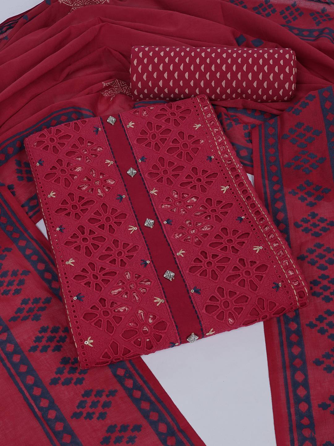 Unstitched Cotton Cutwork Embroidered 3-Piece Suit Set with Printed Bottom and Dupatta.(Pink)