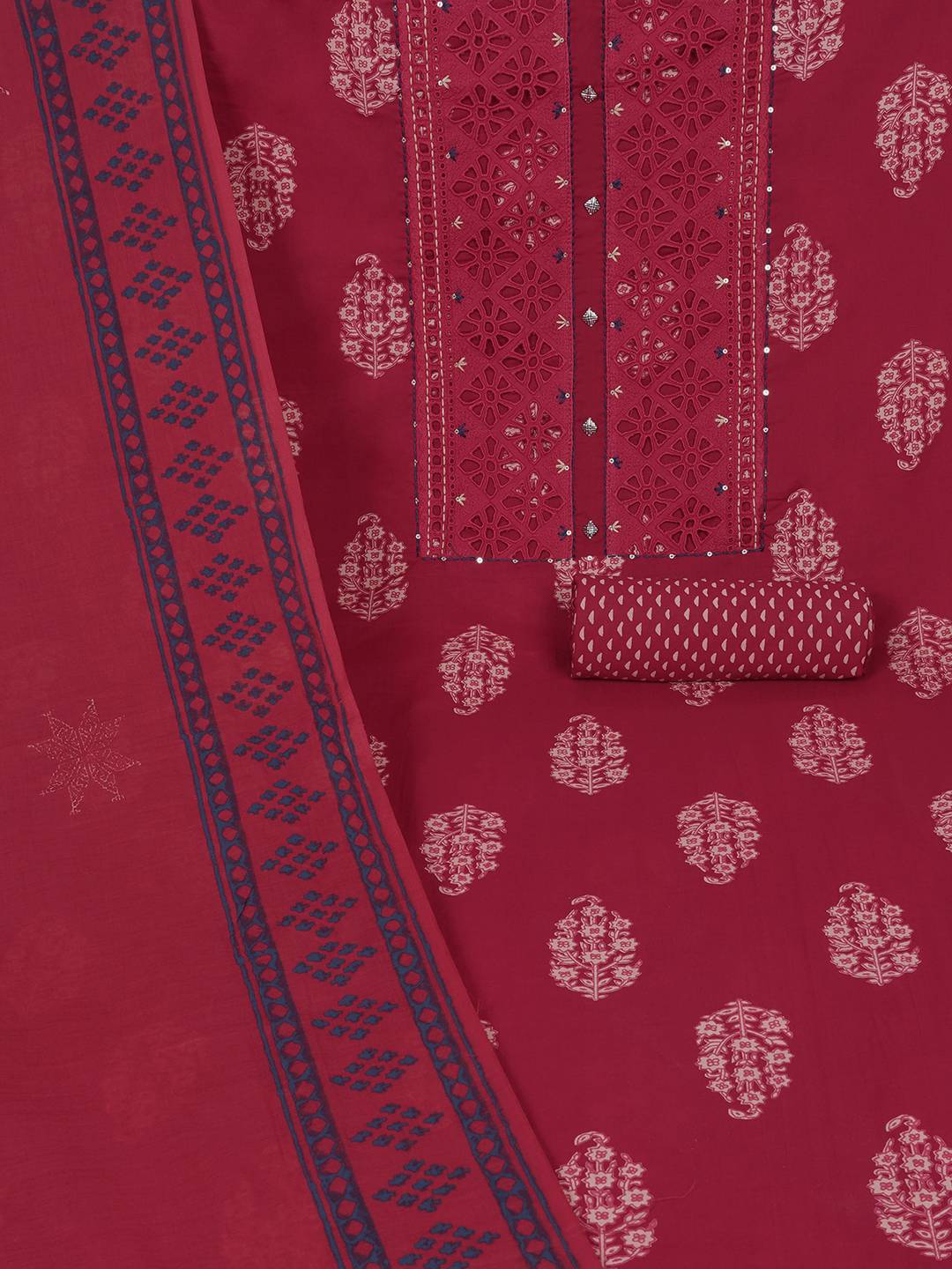 Unstitched Cotton Cutwork Embroidered 3-Piece Suit Set with Printed Bottom and Dupatta.(Pink)