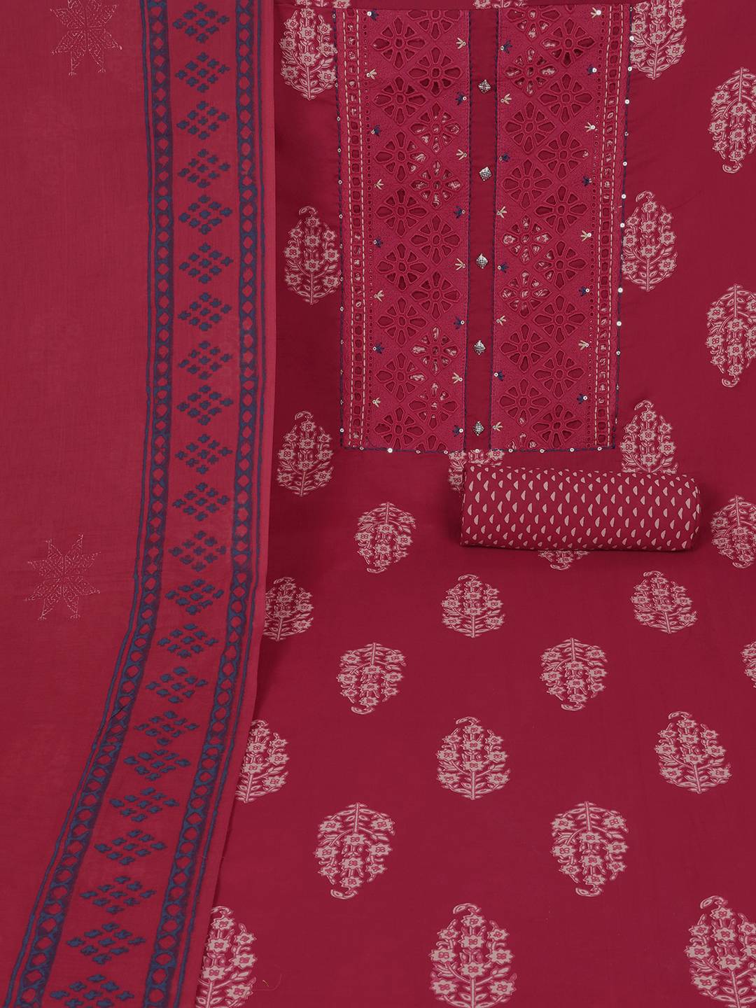 Unstitched Cotton Cutwork Embroidered 3-Piece Suit Set with Printed Bottom and Dupatta.(Pink)