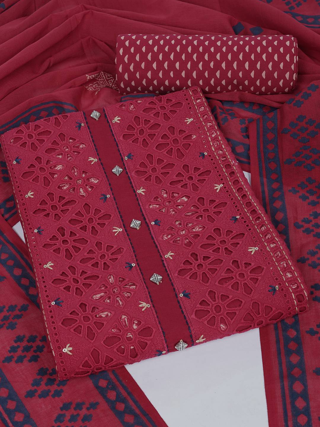 Unstitched Cotton Cutwork Embroidered 3-Piece Suit Set with Printed Bottom and Dupatta.(Pink)