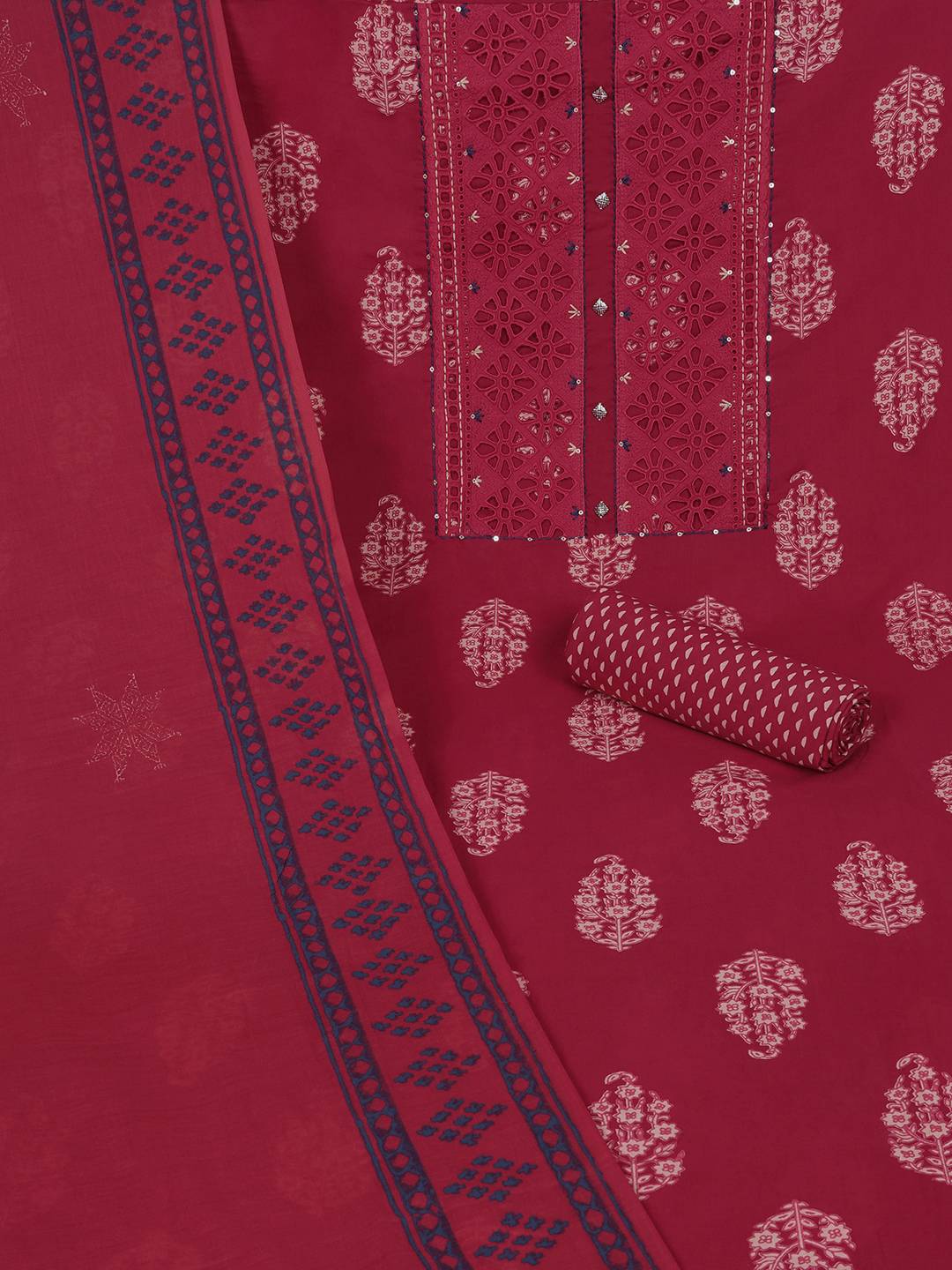 Unstitched Cotton Cutwork Embroidered 3-Piece Suit Set with Printed Bottom and Dupatta.(Pink)