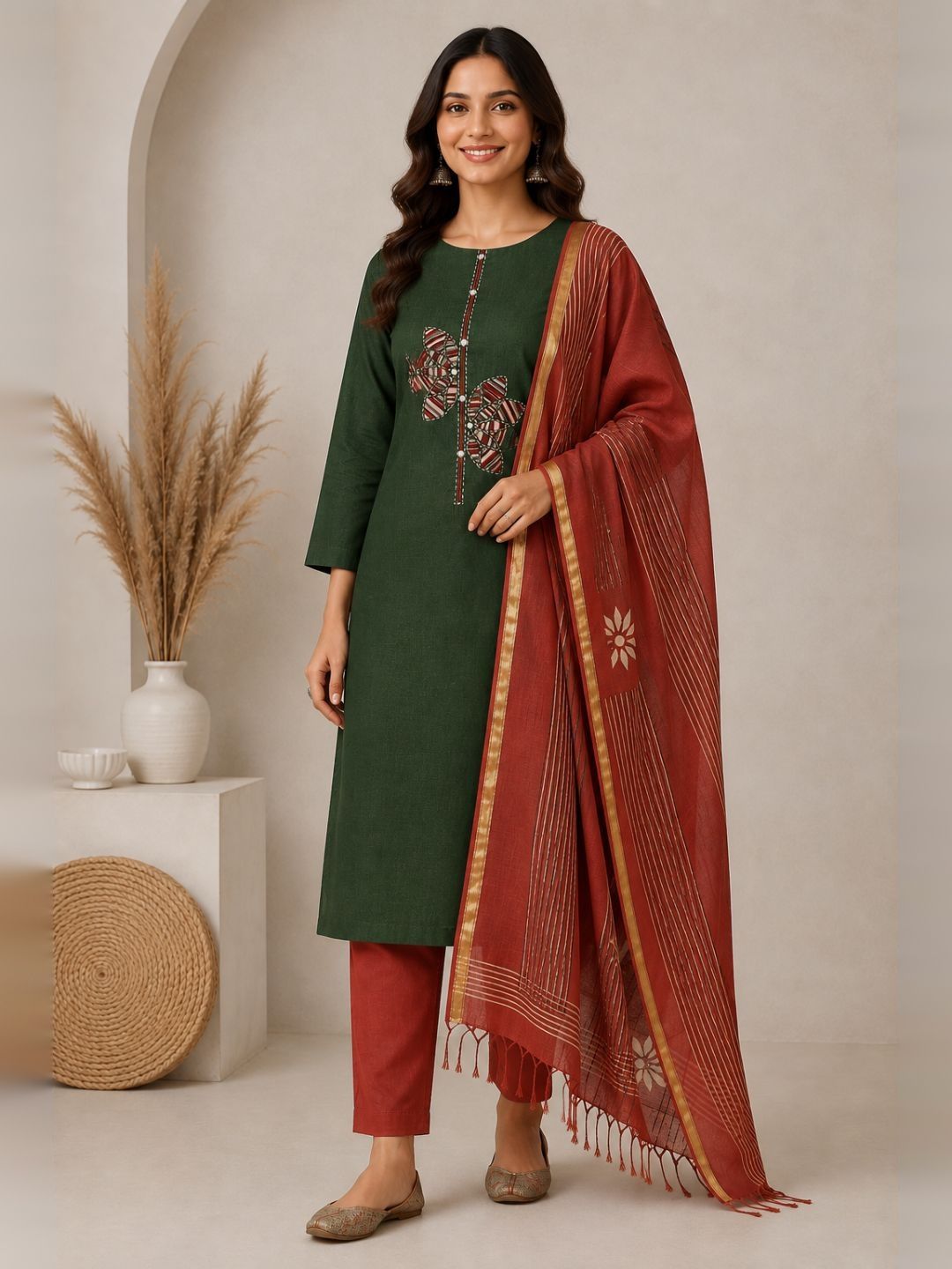 Cotton 3-Piece Unstitched Dress Material with Applique, Mirror Work, Plain Salwar & Printed Dupatta.(Green)