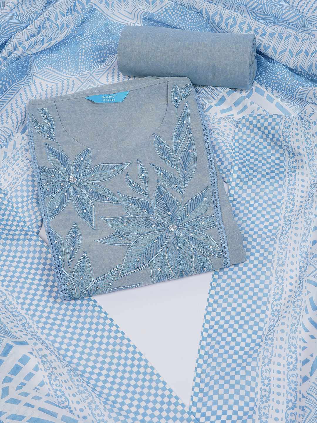 Unstitched Cotton Dress Material with Embroidery, Plain Bottom & Printed Dupatta(Blue)