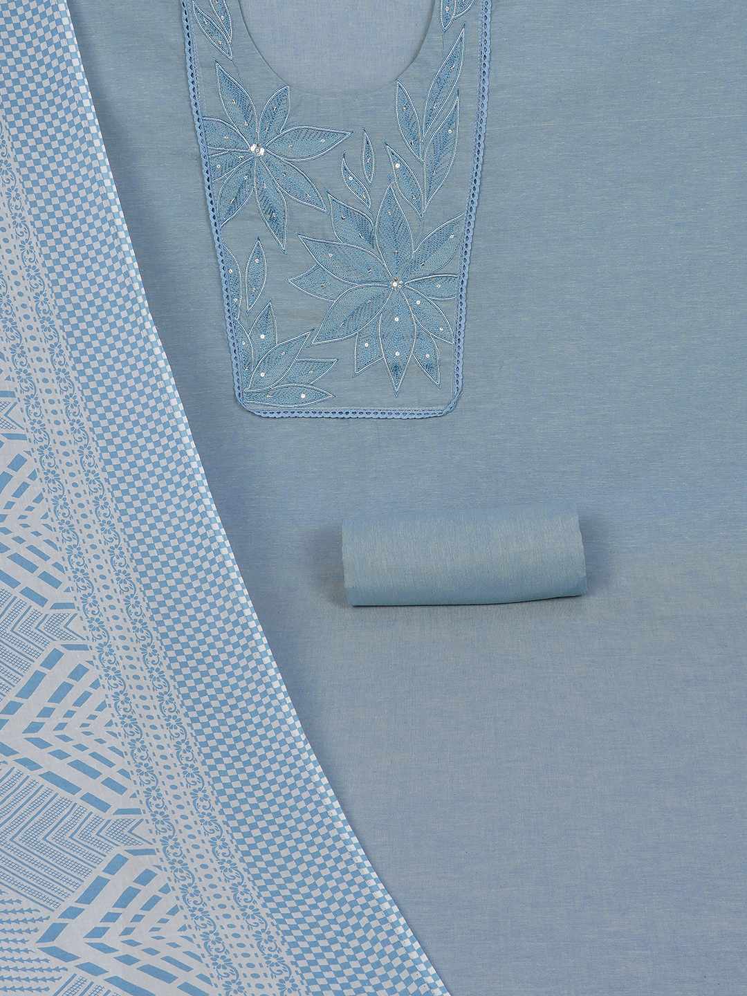 Unstitched Cotton Dress Material with Embroidery, Plain Bottom & Printed Dupatta(Blue)