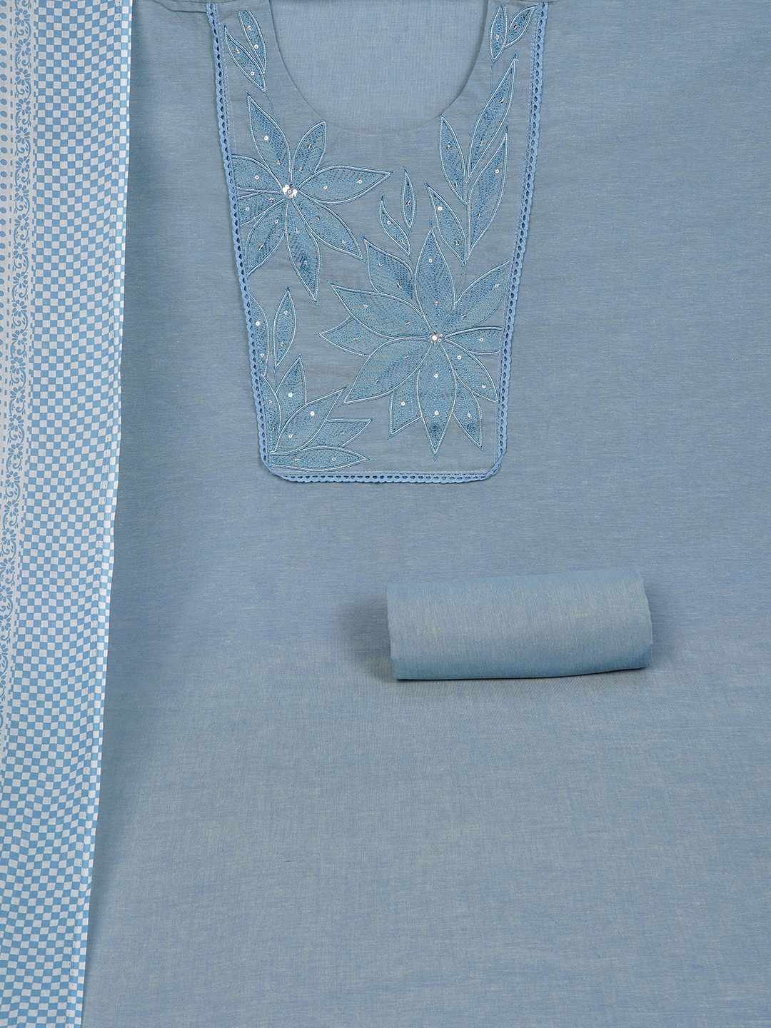 Unstitched Cotton Dress Material with Embroidery, Plain Bottom & Printed Dupatta(Blue)