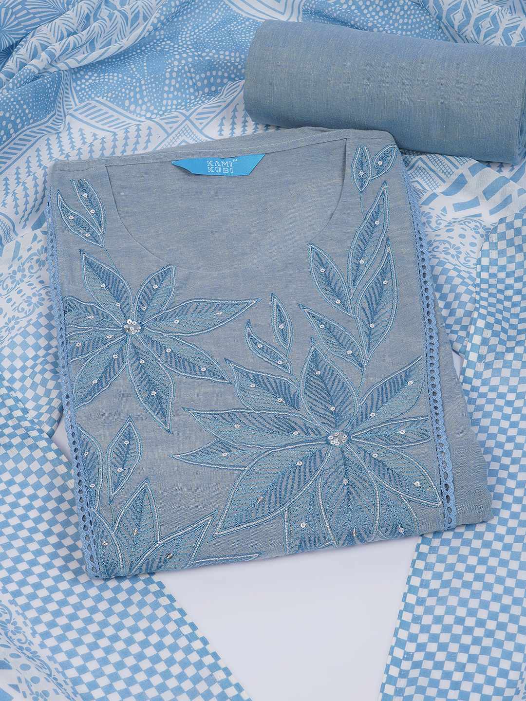 Unstitched Cotton Dress Material with Embroidery, Plain Bottom & Printed Dupatta(Blue)