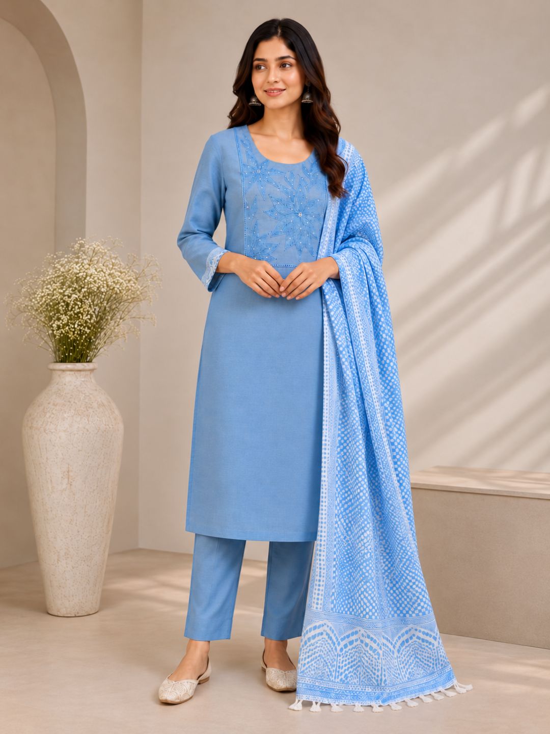 Unstitched Cotton Dress Material with Embroidery, Plain Bottom & Printed Dupatta(Blue)