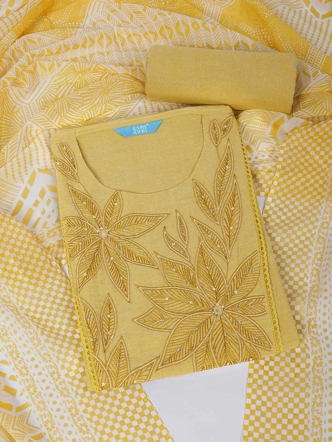 Unstitched Cotton Dress Material with Embroidery, Plain Bottom & Printed Dupatta(Yellow)