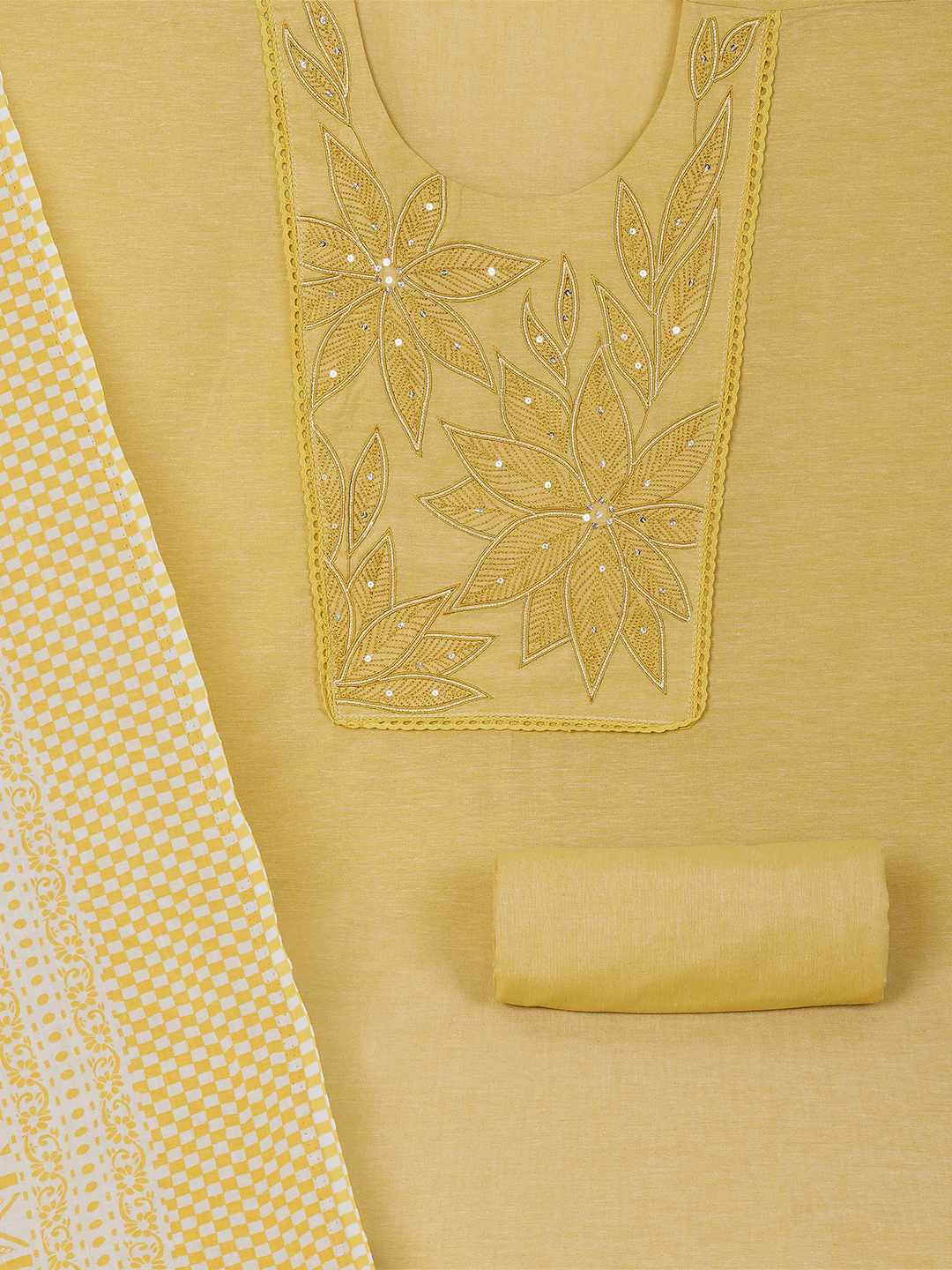 Unstitched Cotton Dress Material with Embroidery, Plain Bottom & Printed Dupatta(Yellow)