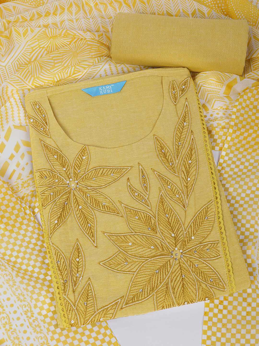 Unstitched Cotton Dress Material with Embroidery, Plain Bottom & Printed Dupatta(Yellow)