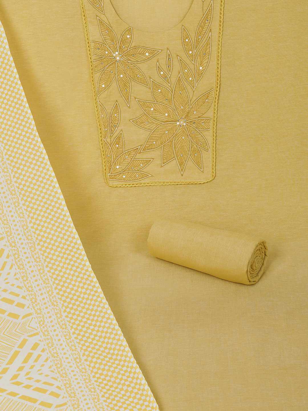 Unstitched Cotton Dress Material with Embroidery, Plain Bottom & Printed Dupatta(Yellow)