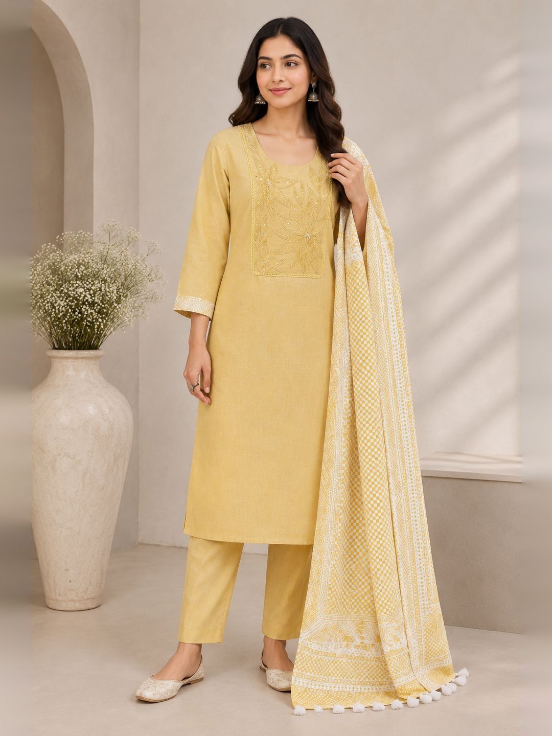 Unstitched Cotton Dress Material with Embroidery, Plain Bottom & Printed Dupatta(Yellow)