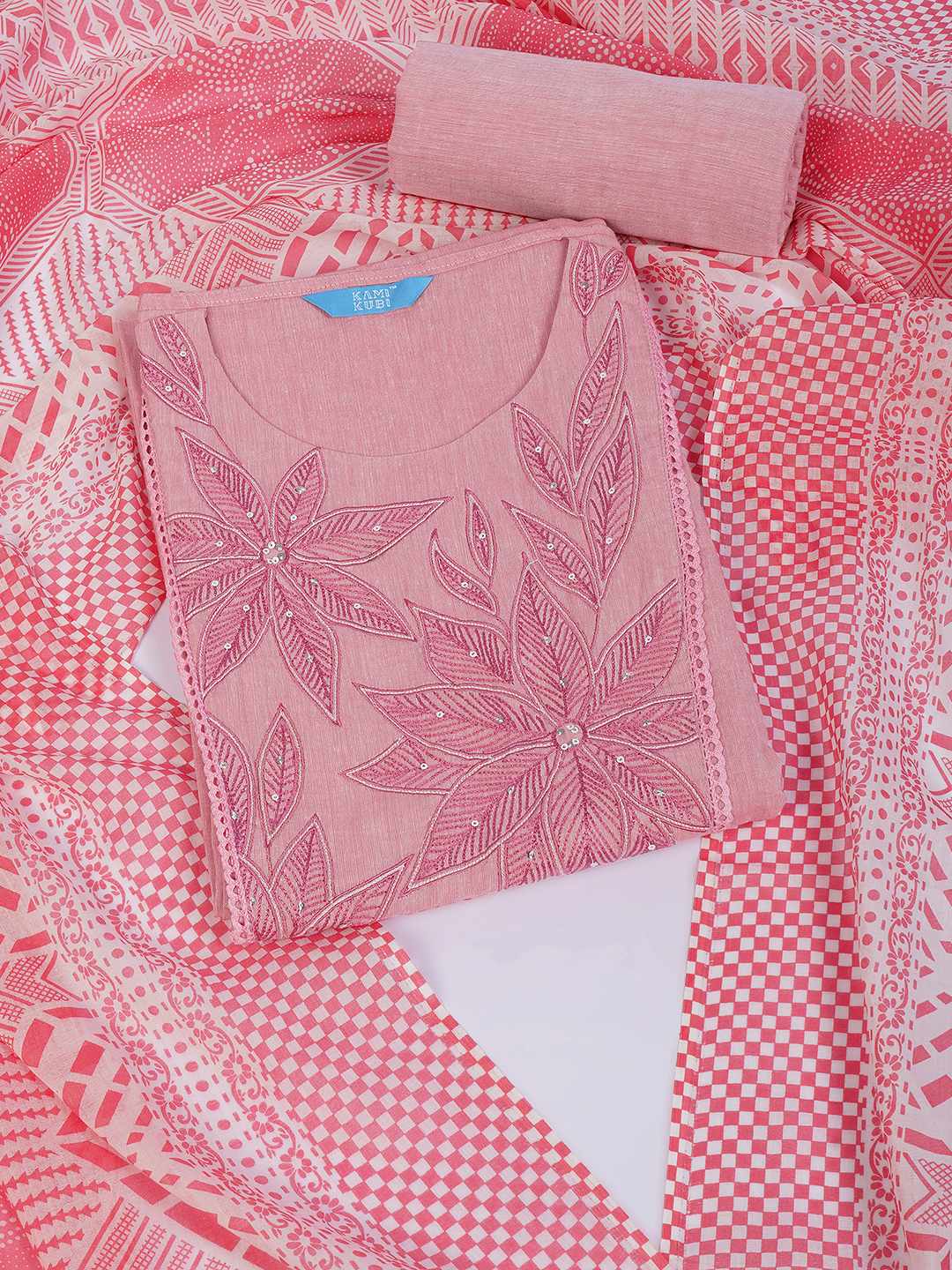 Unstitched Cotton Dress Material with Embroidery, Plain Bottom & Printed Dupatta(Pink)