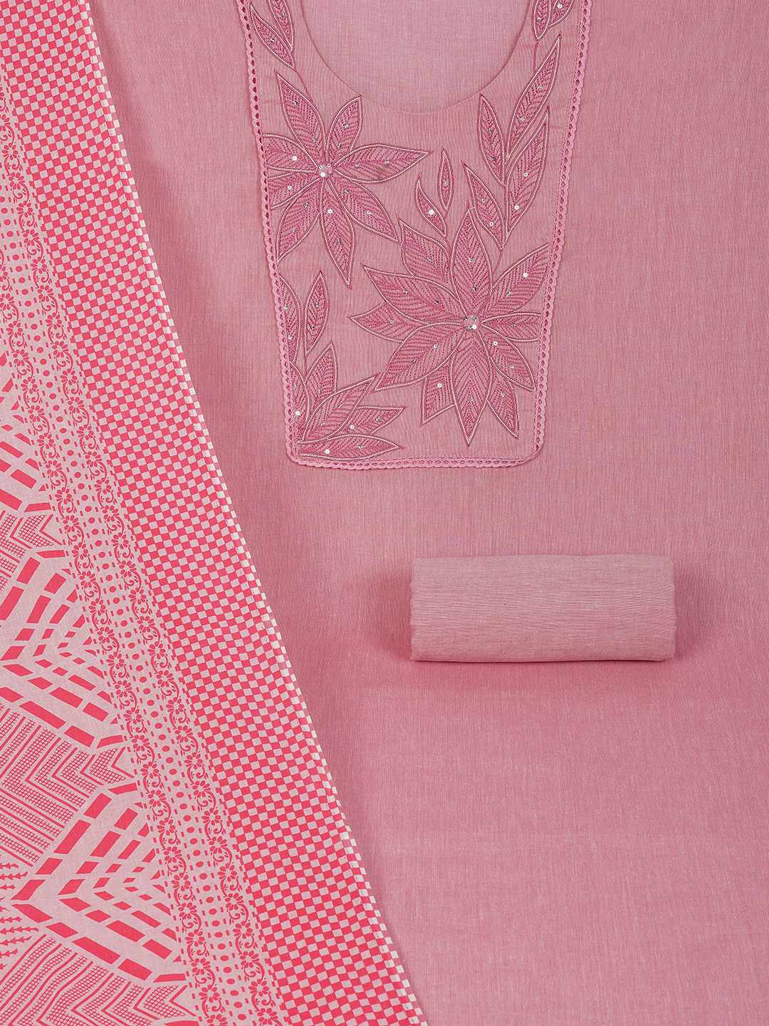 Unstitched Cotton Dress Material with Embroidery, Plain Bottom & Printed Dupatta(Pink)