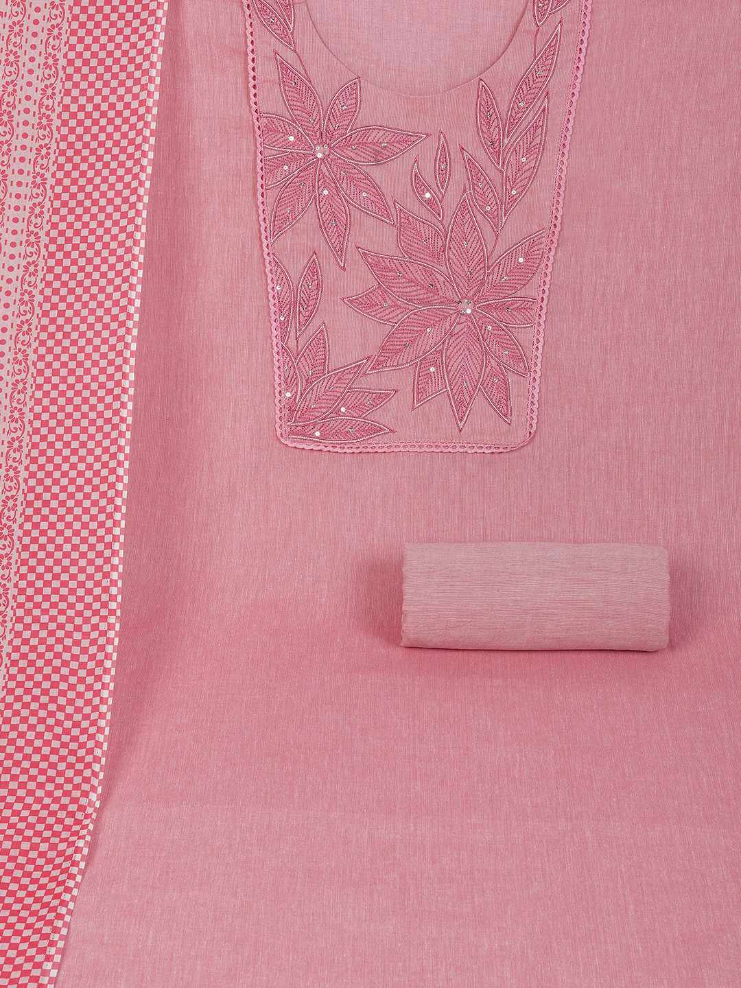 Unstitched Cotton Dress Material with Embroidery, Plain Bottom & Printed Dupatta(Pink)