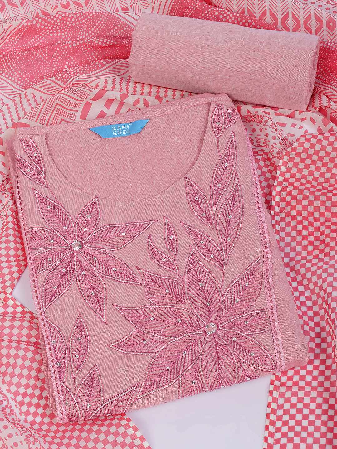 Unstitched Cotton Dress Material with Embroidery, Plain Bottom & Printed Dupatta(Pink)