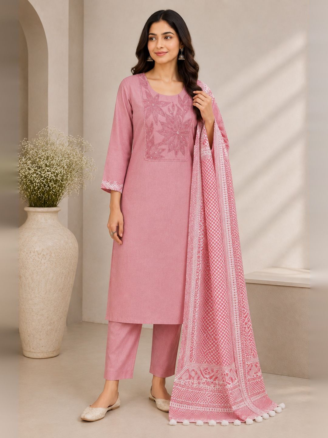 Unstitched Cotton Dress Material with Embroidery, Plain Bottom & Printed Dupatta(Pink)