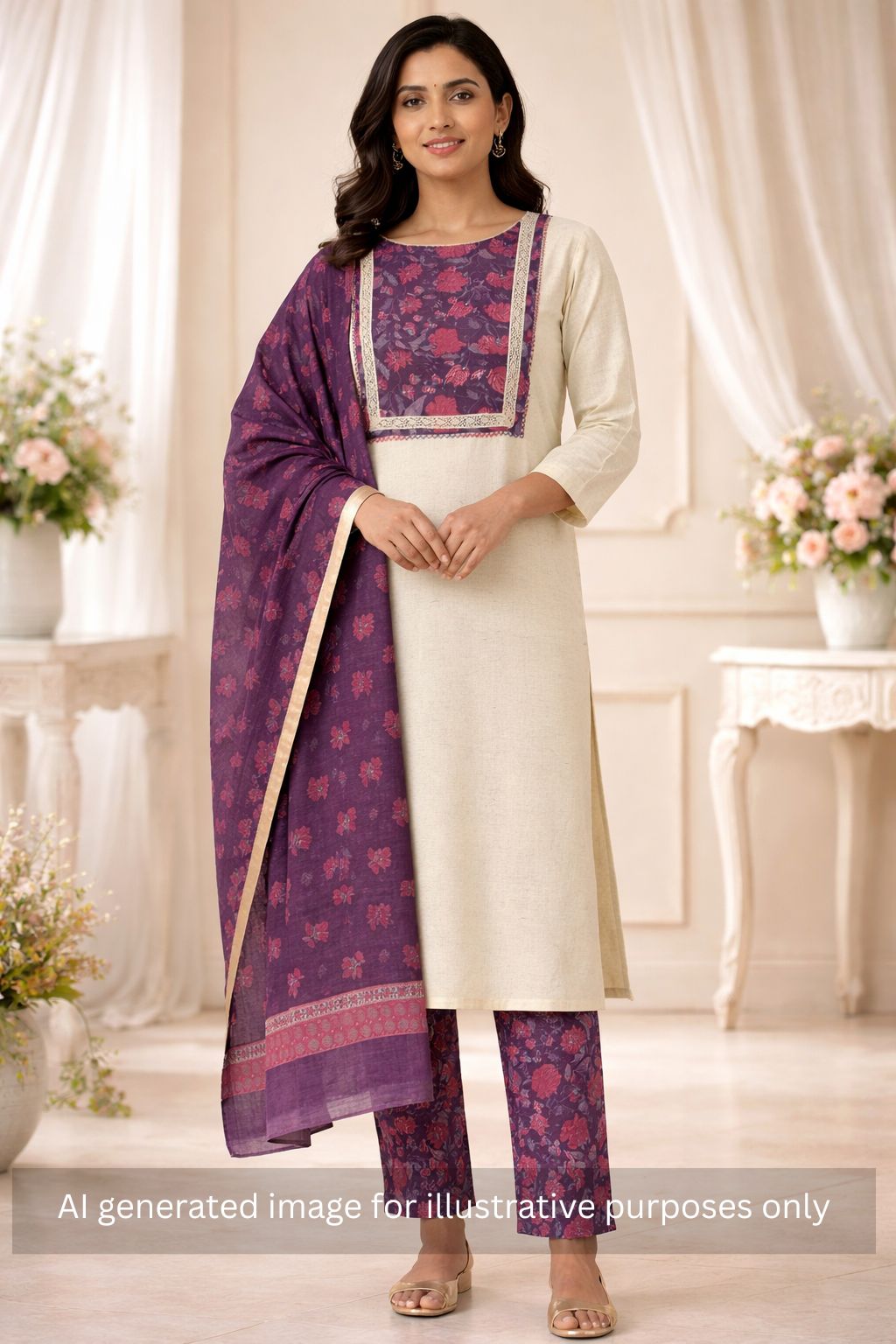 Floral Printed Dress Material enhanced with intricate handwork.(Magenta)