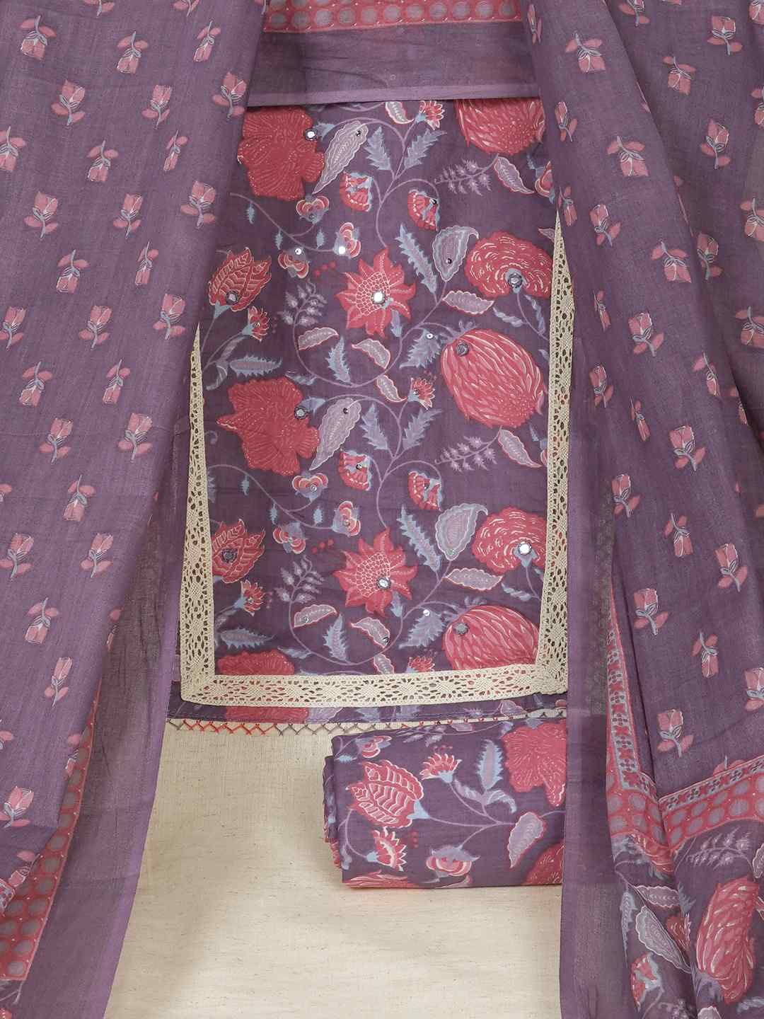 Floral Printed Dress Material enhanced with intricate handwork.(Magenta)
