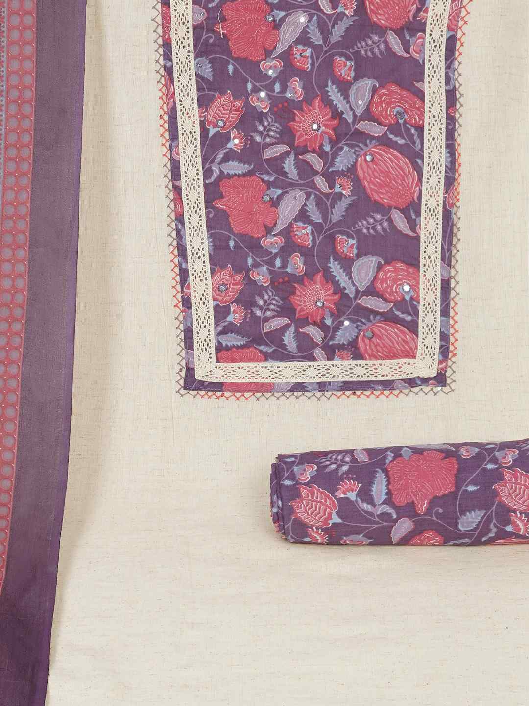 Floral Printed Dress Material enhanced with intricate handwork.(Magenta)