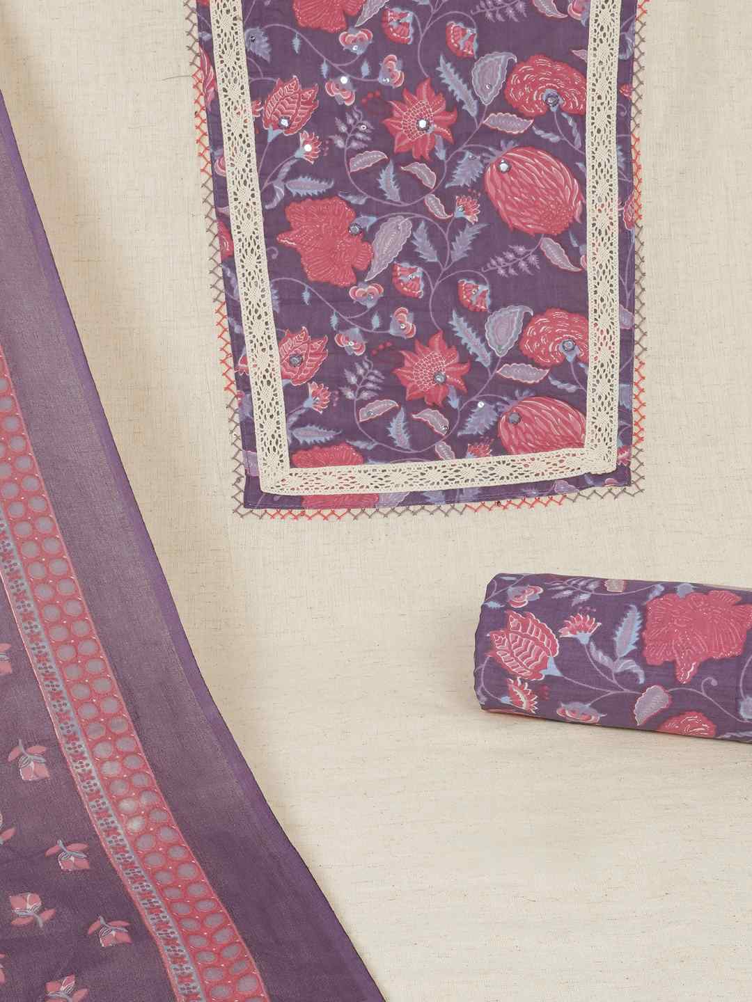 Floral Printed Dress Material enhanced with intricate handwork.(Magenta)