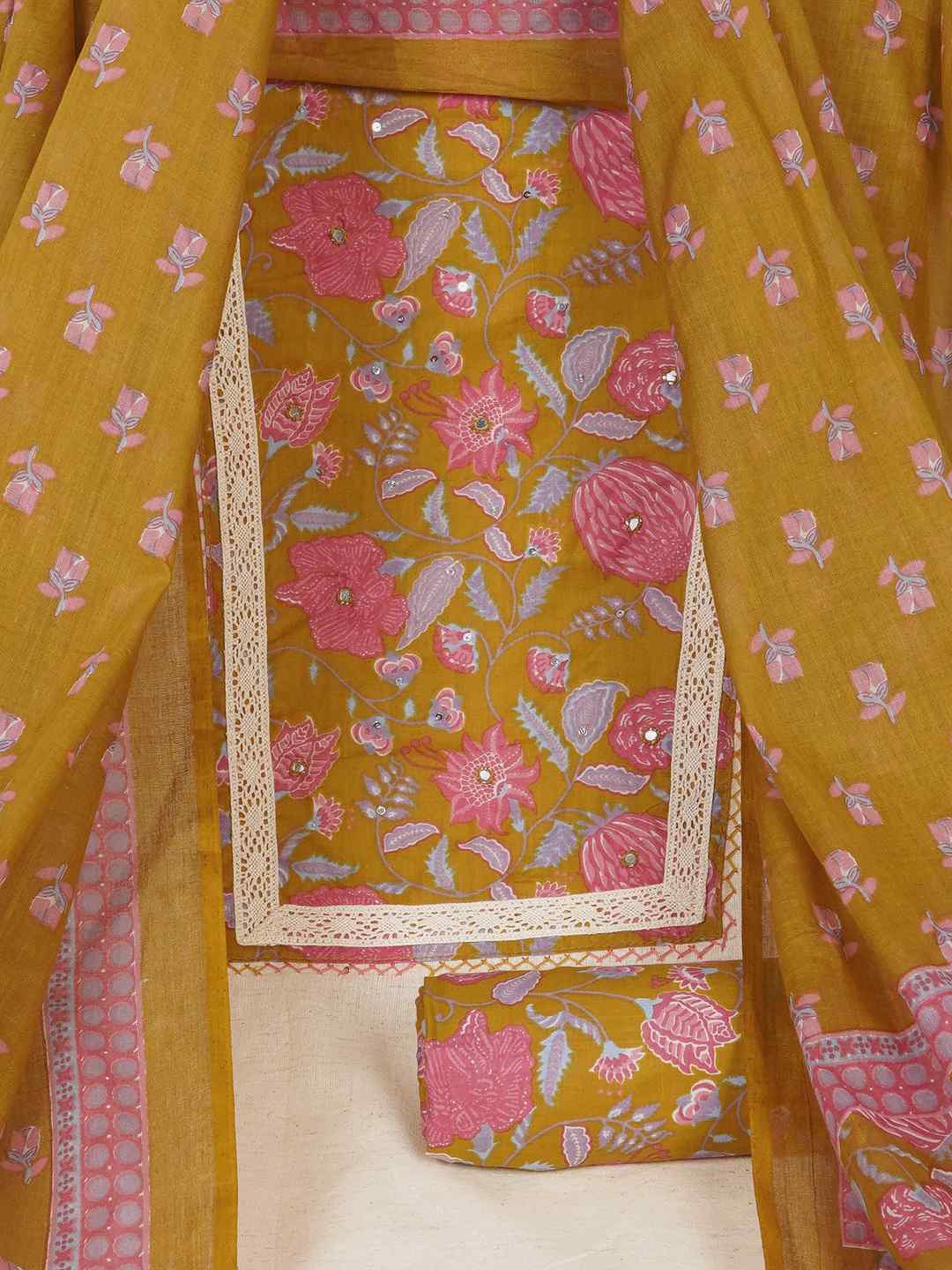 Floral Printed Dress Material enhanced with intricate handwork.(Mustard)