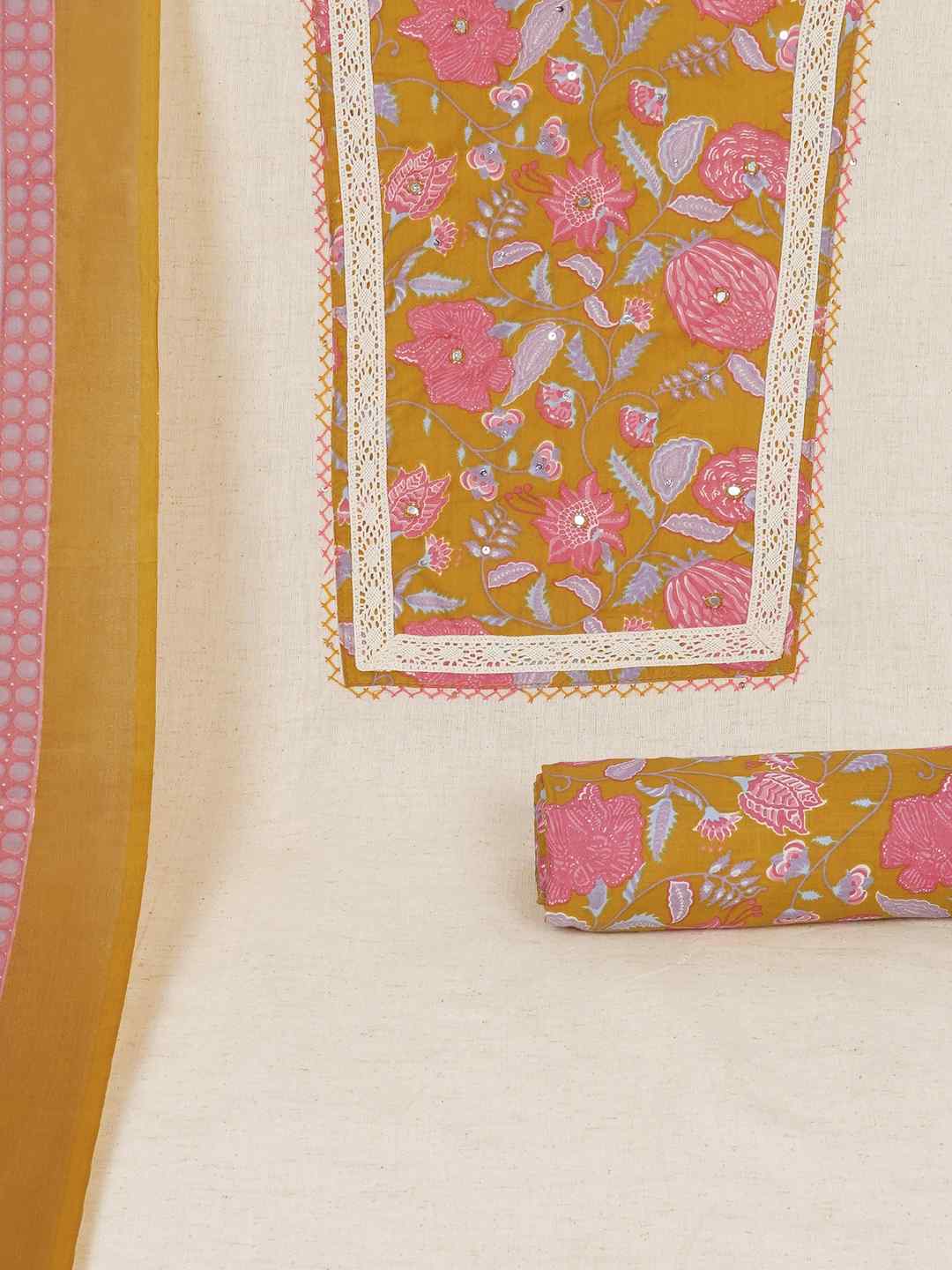 Floral Printed Dress Material enhanced with intricate handwork.(Mustard)