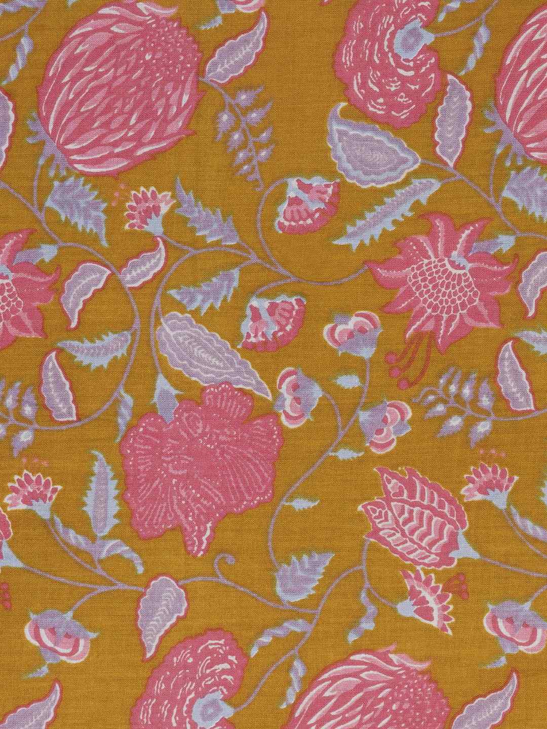 Floral Printed Dress Material enhanced with intricate handwork.(Mustard)