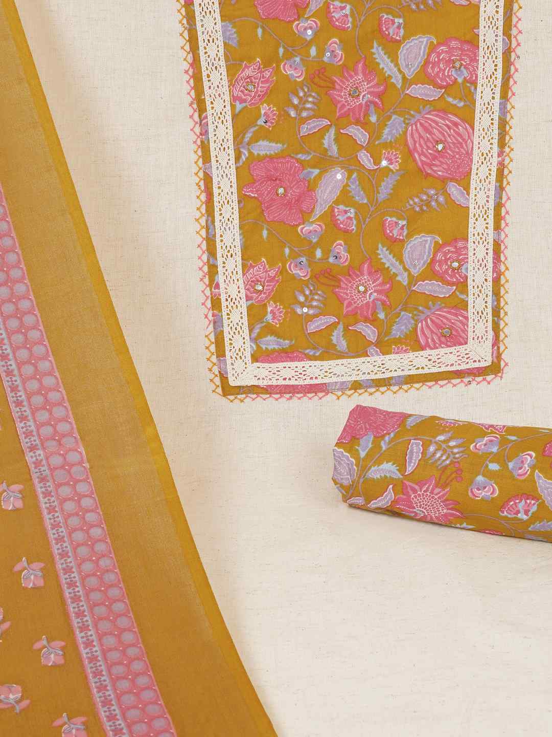Floral Printed Dress Material enhanced with intricate handwork.(Mustard)