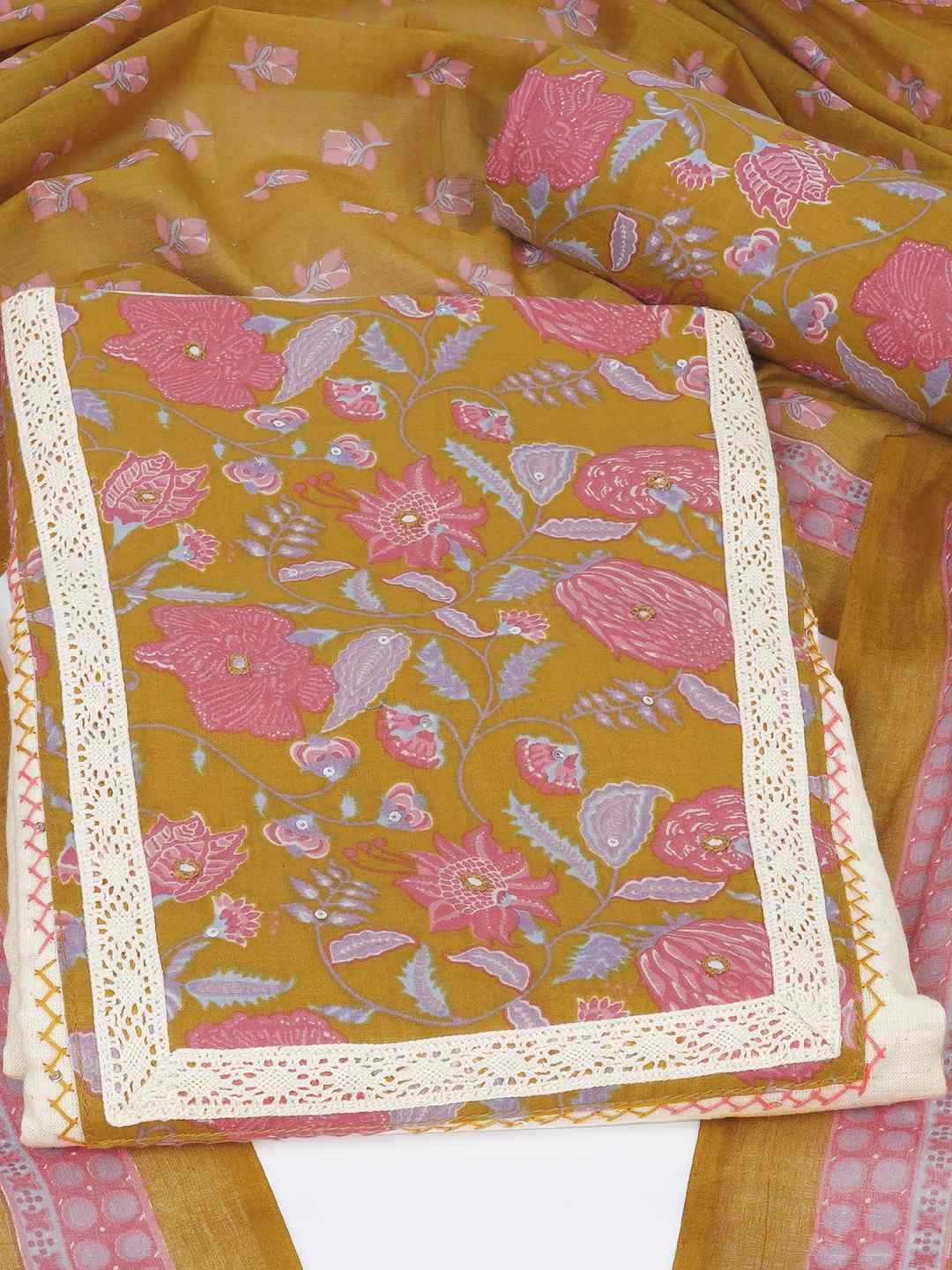 Floral Printed Dress Material enhanced with intricate handwork.(Mustard)