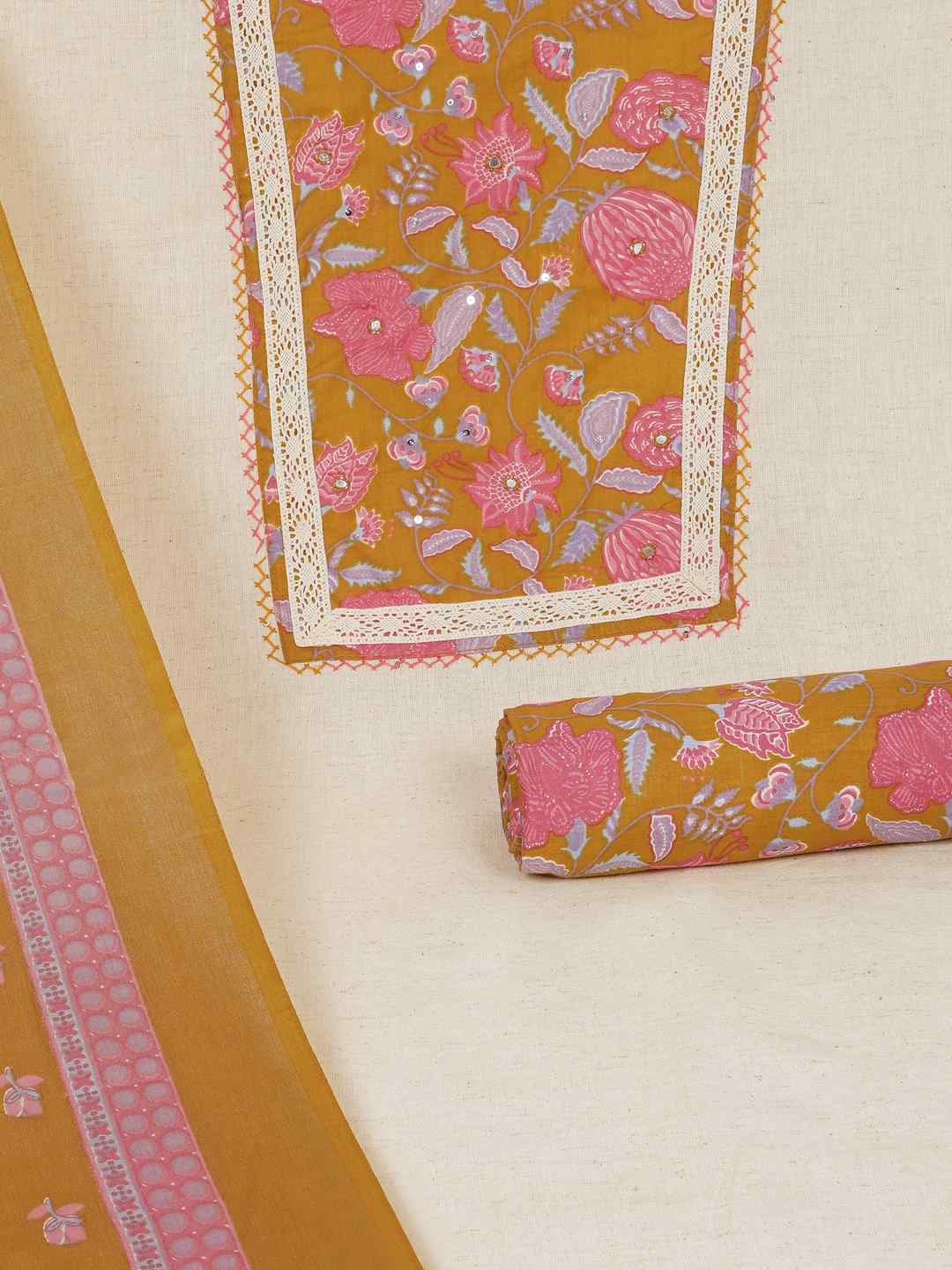 Floral Printed Dress Material enhanced with intricate handwork.(Mustard)