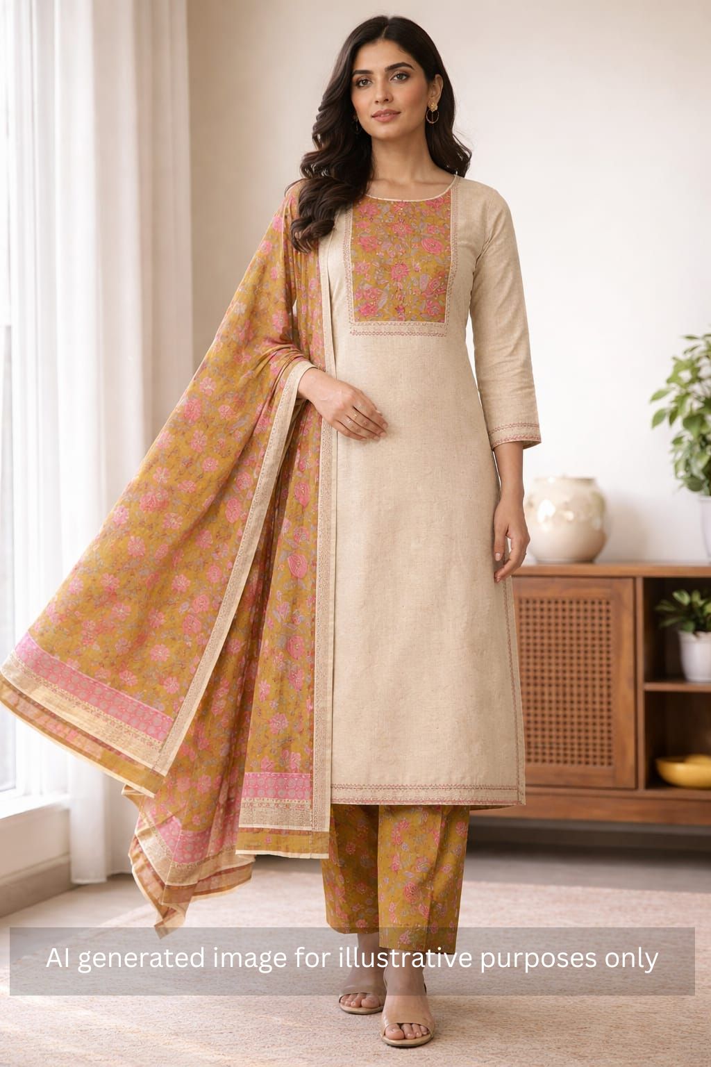 Floral Printed Dress Material enhanced with intricate handwork.(Mustard)