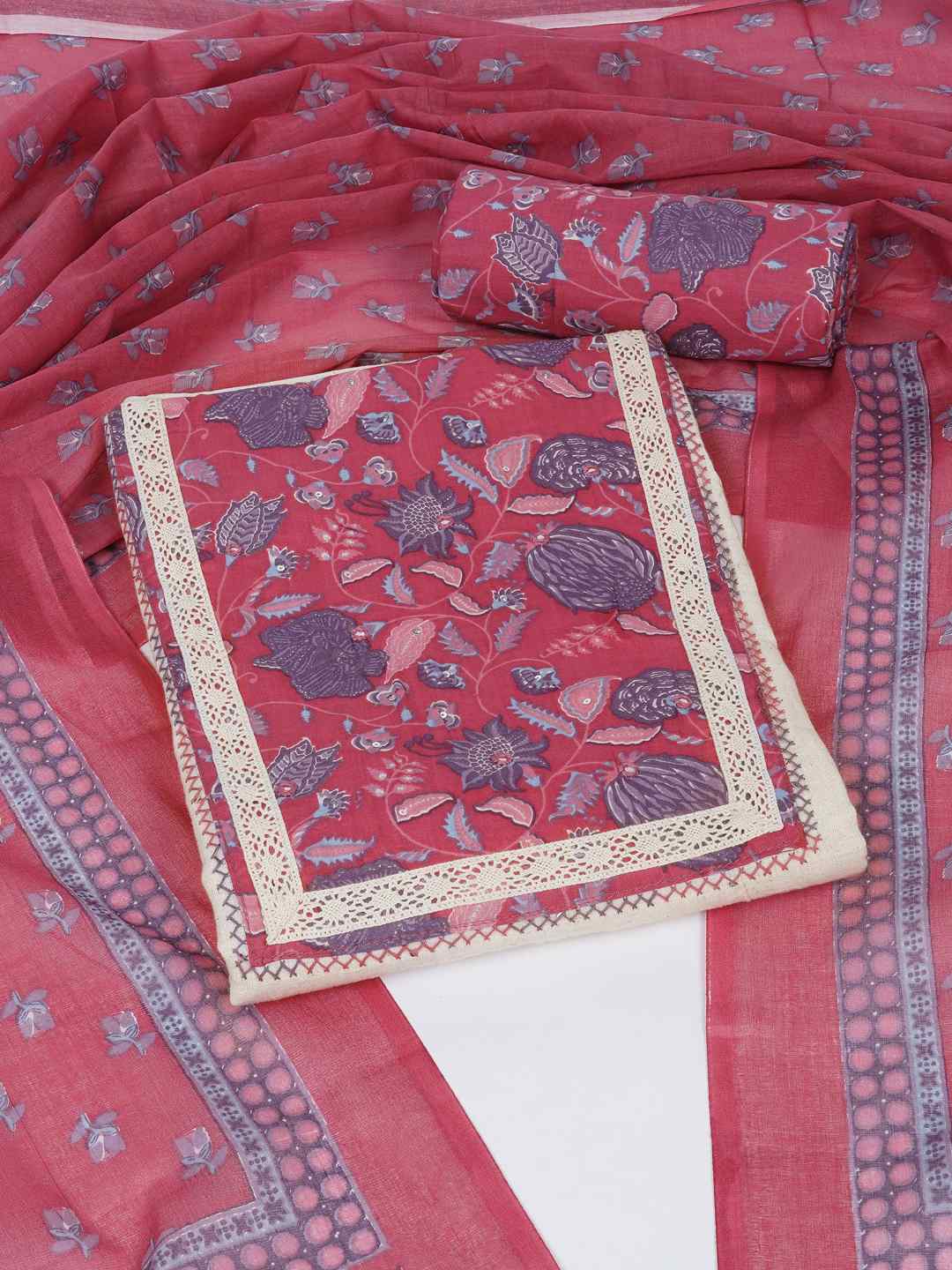 Floral Printed Dress Material enhanced with intricate handwork.(Pink)