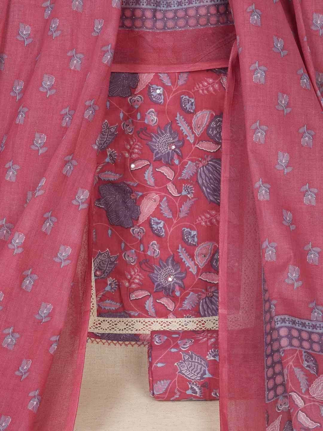 Floral Printed Dress Material enhanced with intricate handwork.(Pink)