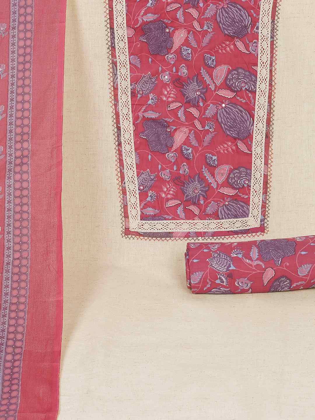 Floral Printed Dress Material enhanced with intricate handwork.(Pink)
