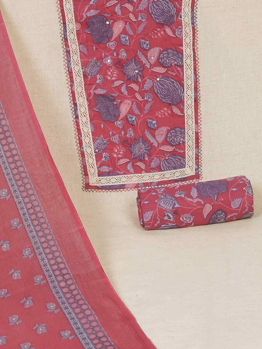 Floral Printed Dress Material enhanced with intricate handwork.(Pink)