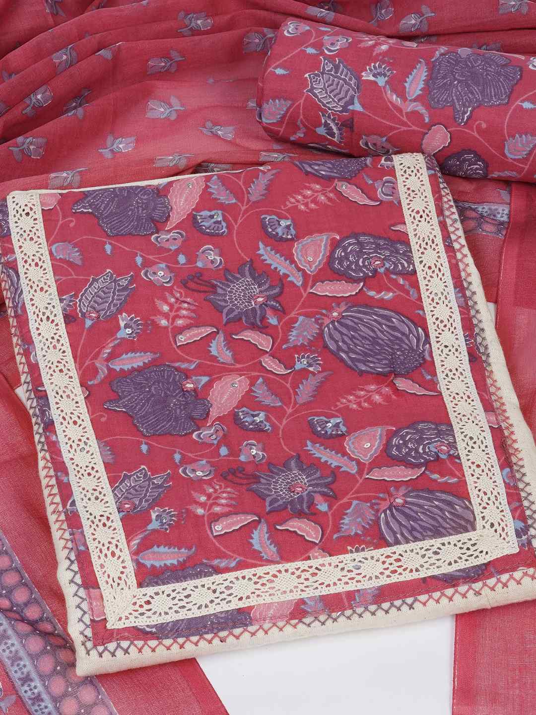 Floral Printed Dress Material enhanced with intricate handwork.(Pink)