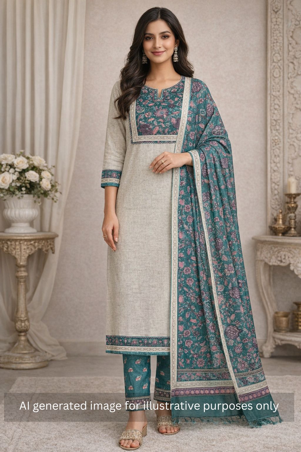 Floral Printed Dress Material enhanced with intricate handwork.(Green)