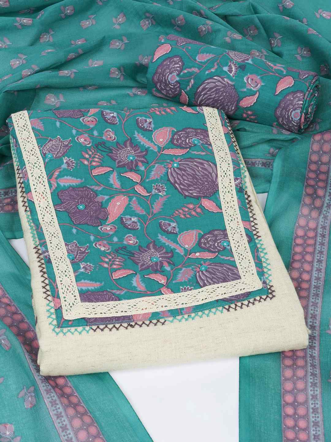 Floral Printed Dress Material enhanced with intricate handwork.(Green)